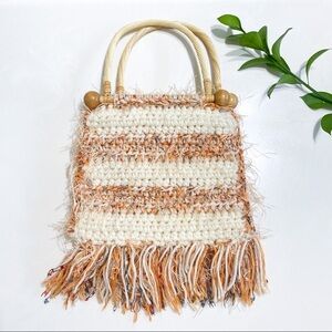 Boho Handmade Knitted Wood Handle Fringe Bag